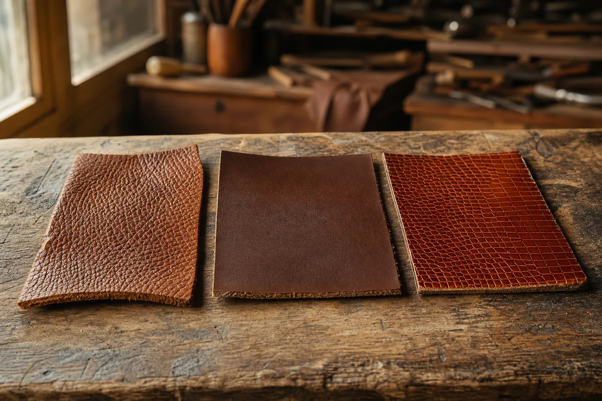 Échantillons de cuirs aux grains différents comparés sur un établi d’atelier