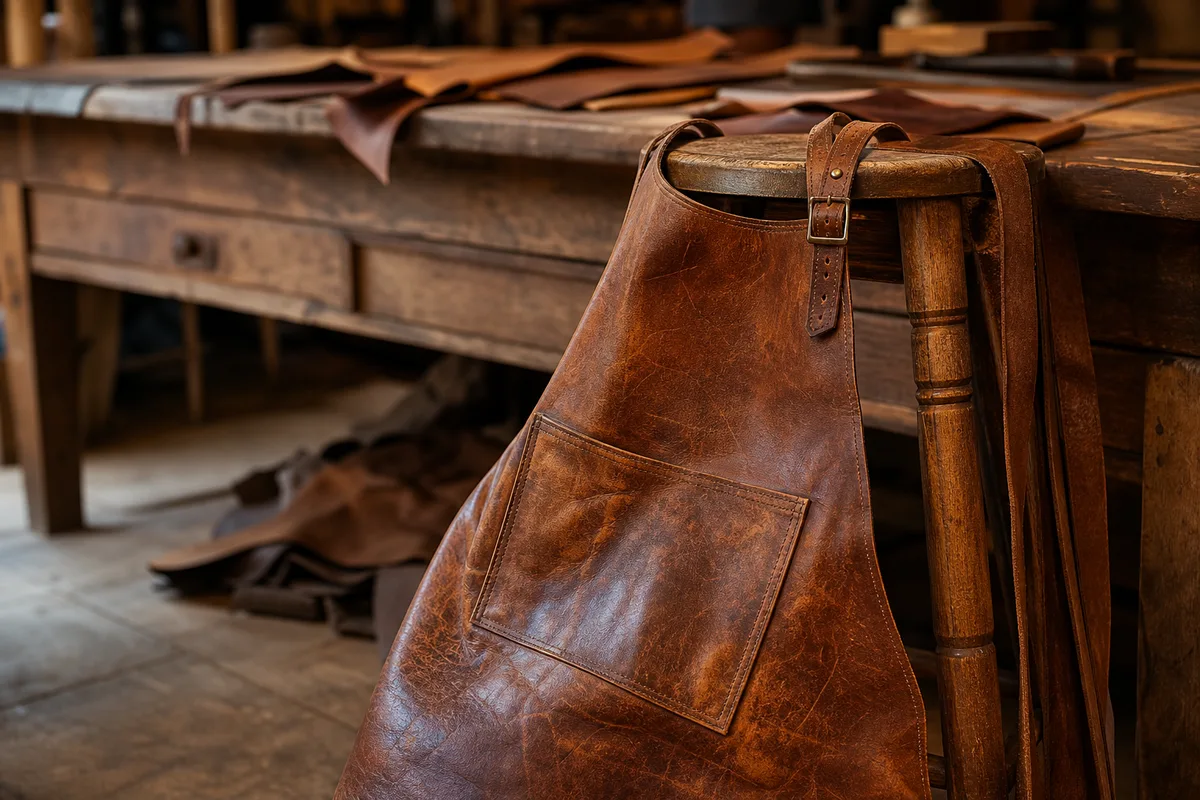 Tablier de cuir d’artisan posé sur un tabouret dans l’atelier