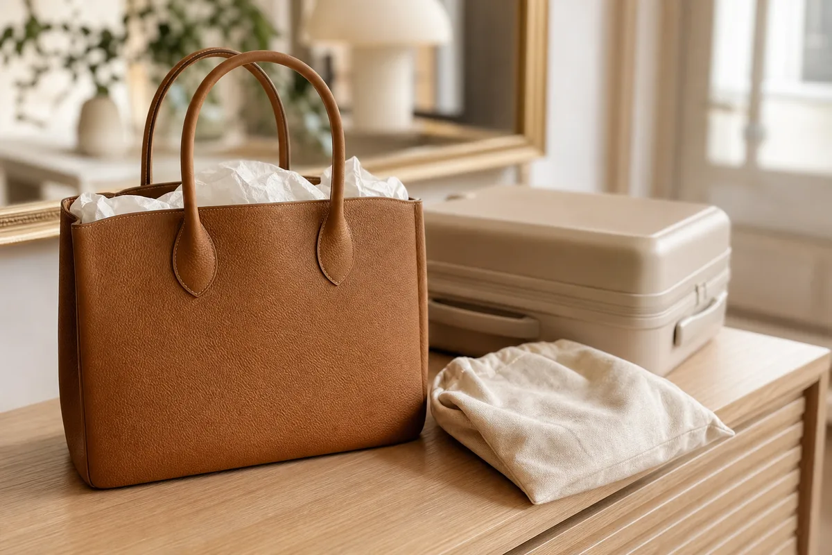 Sac à main en cuir rembourré de papier posé à côté d&rsquo;une valise cabine