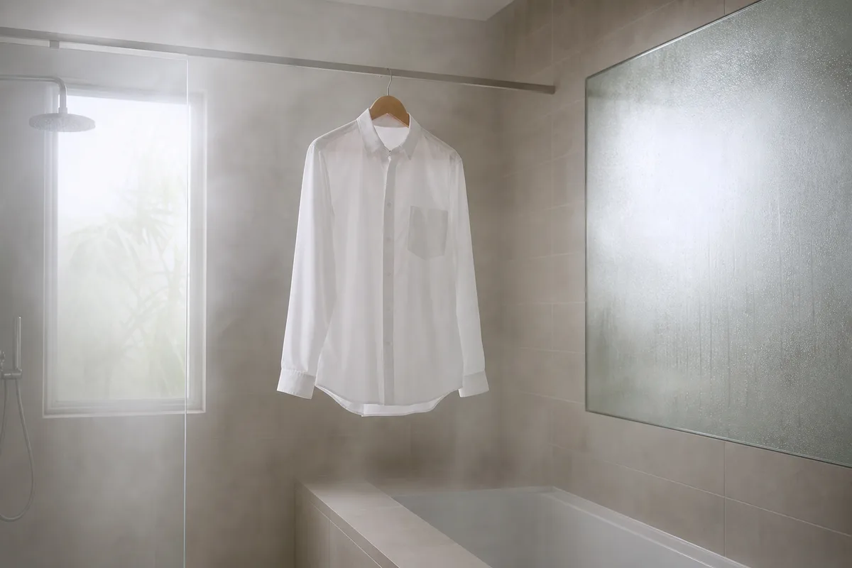 Chemise suspendue sur un cintre dans une salle de bain remplie de vapeur
